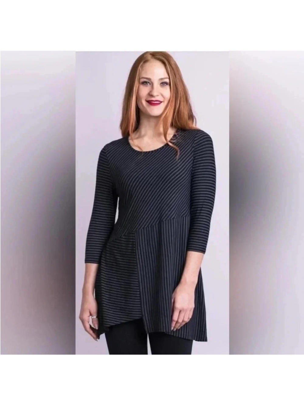Black Striped Bamboo Asymmetric Peplum Top - Women